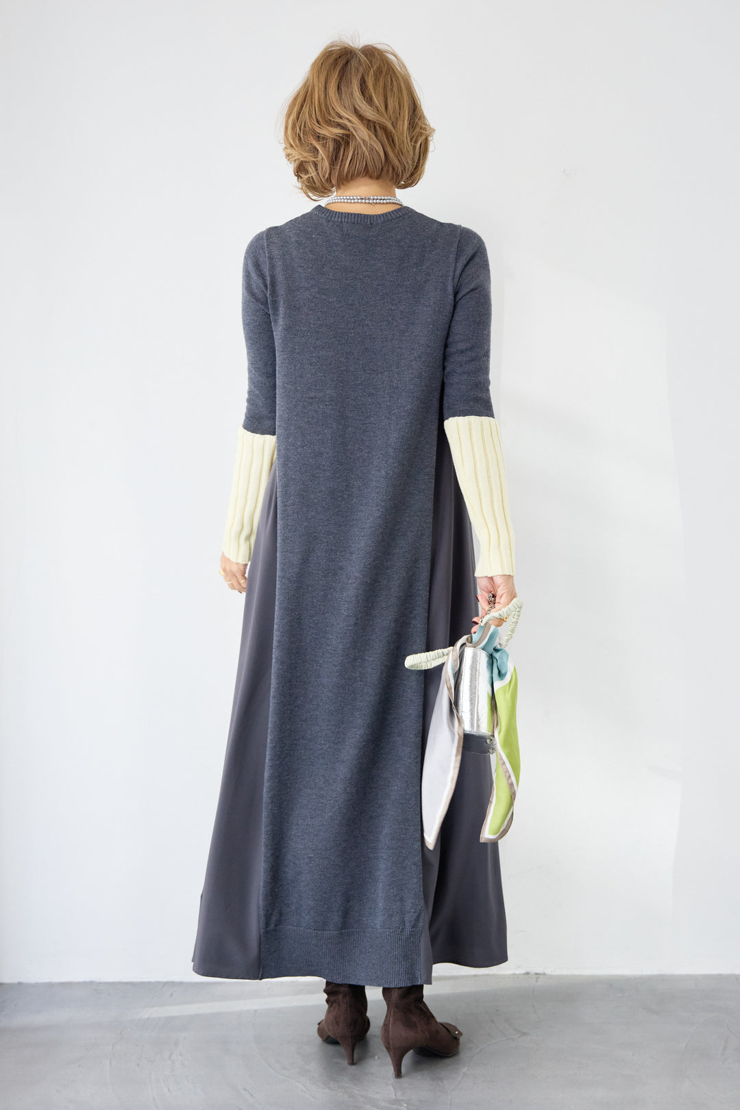 バイカラーリブスリーブ 異素材ドッキングワンピース