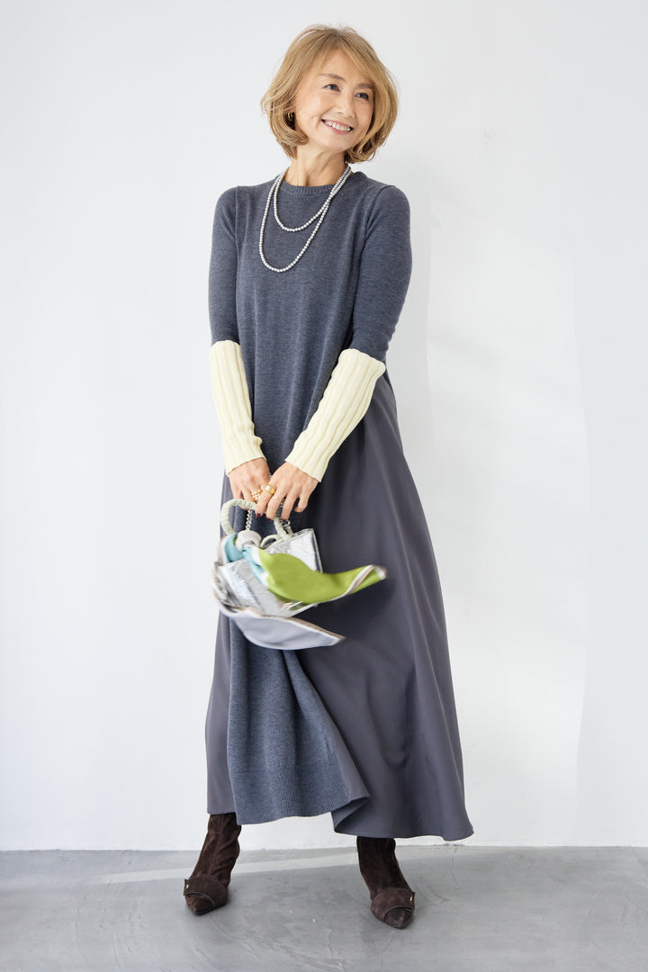 バイカラーリブスリーブ 異素材ドッキングワンピース