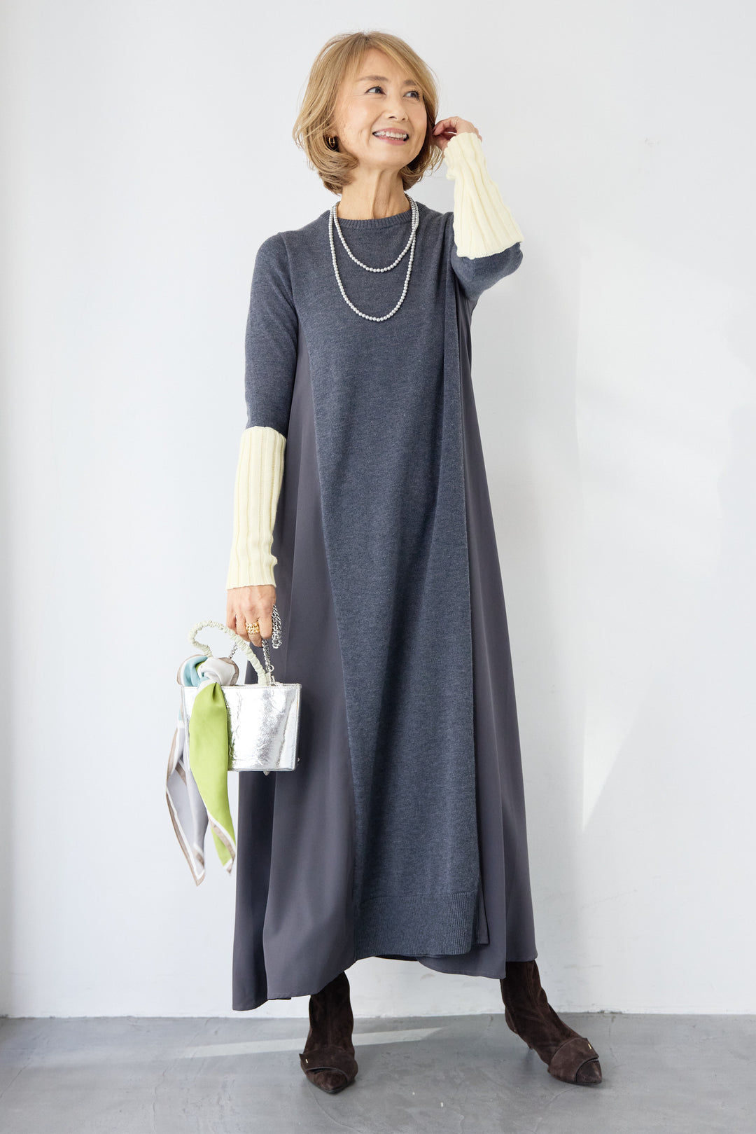 バイカラーリブスリーブ 異素材ドッキングワンピース