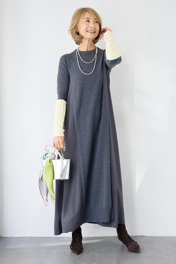 バイカラーリブスリーブ 異素材ドッキングワンピース