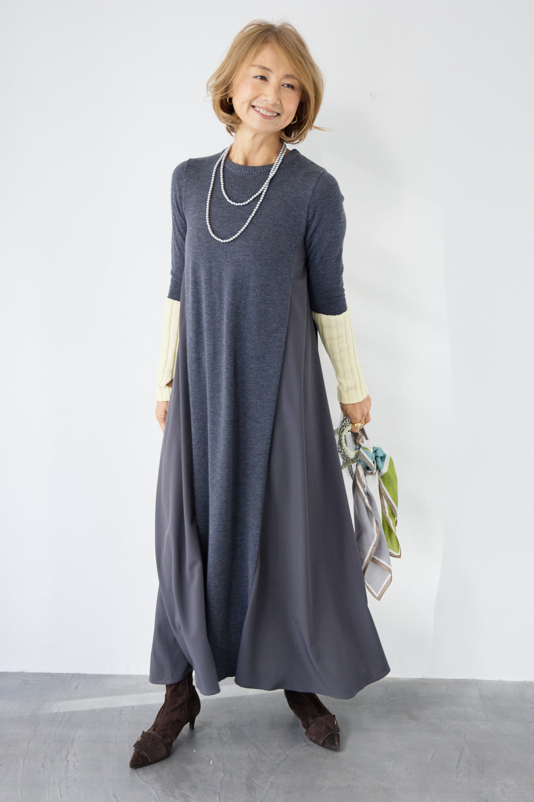 バイカラーリブスリーブ 異素材ドッキングワンピース