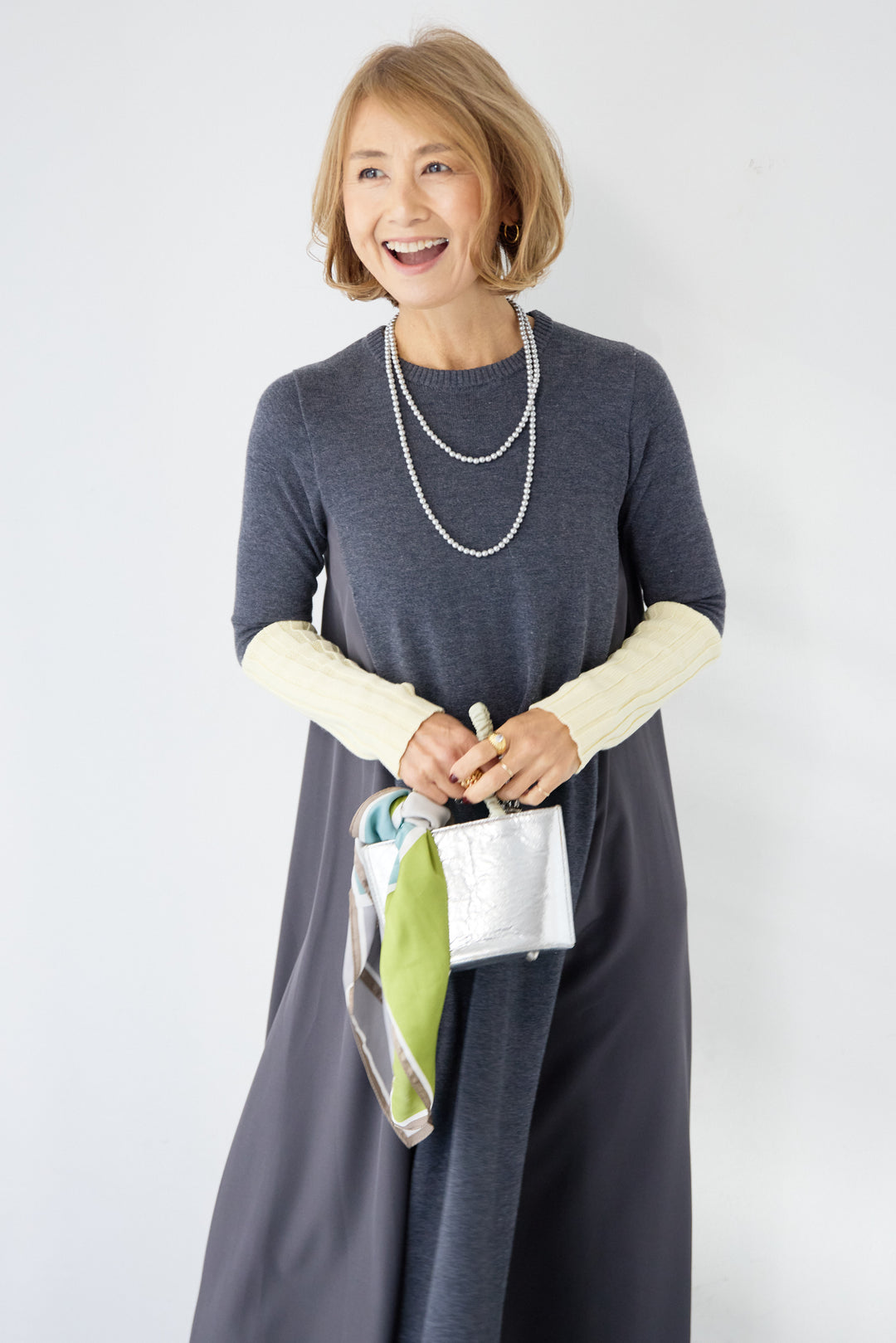 バイカラーリブスリーブ 異素材ドッキングワンピース