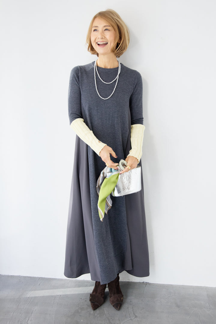 バイカラーリブスリーブ 異素材ドッキングワンピース