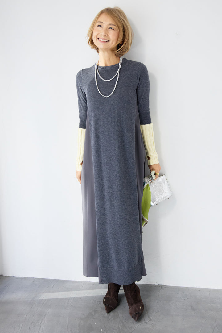 バイカラーリブスリーブ 異素材ドッキングワンピース