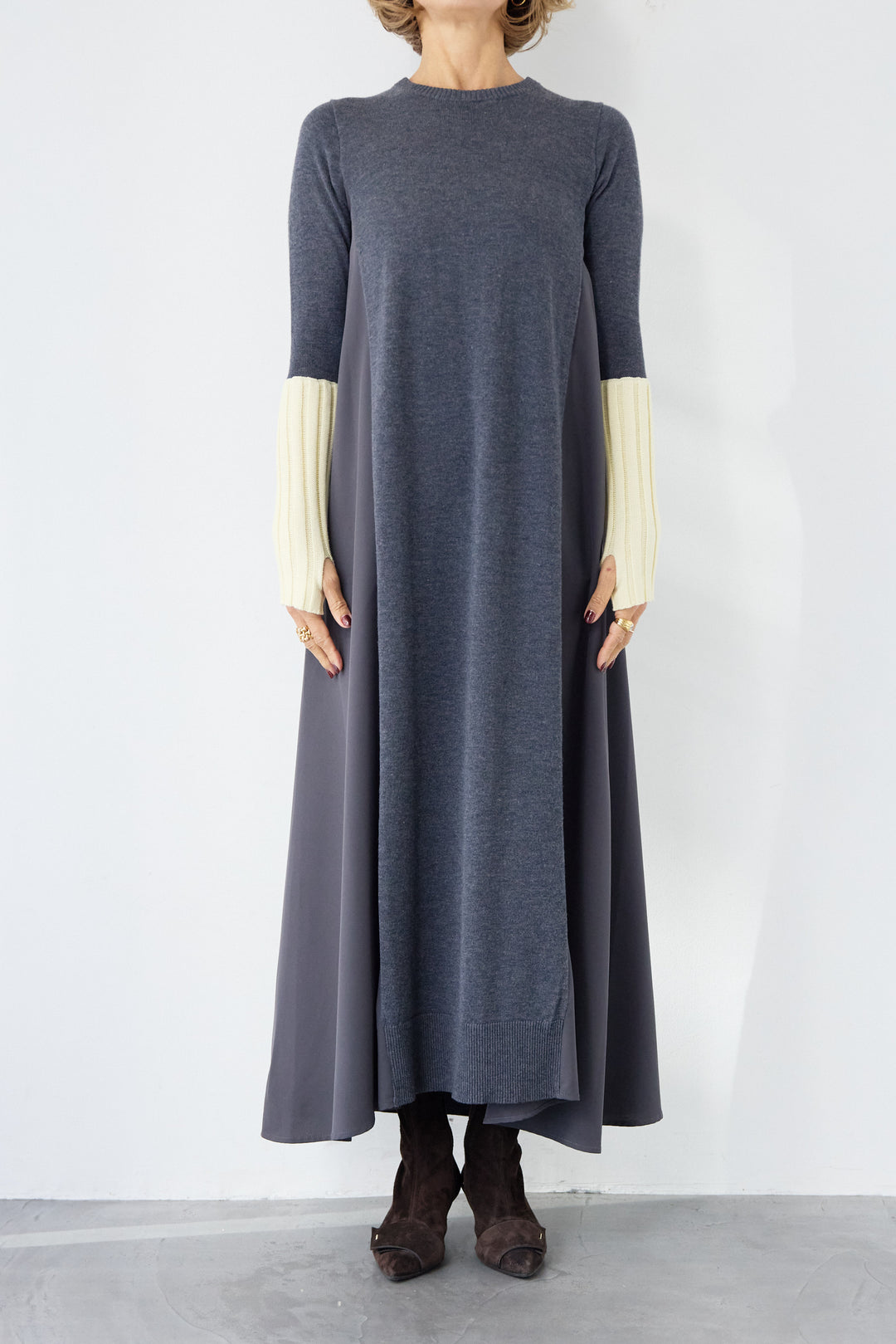 バイカラーリブスリーブ 異素材ドッキングワンピース