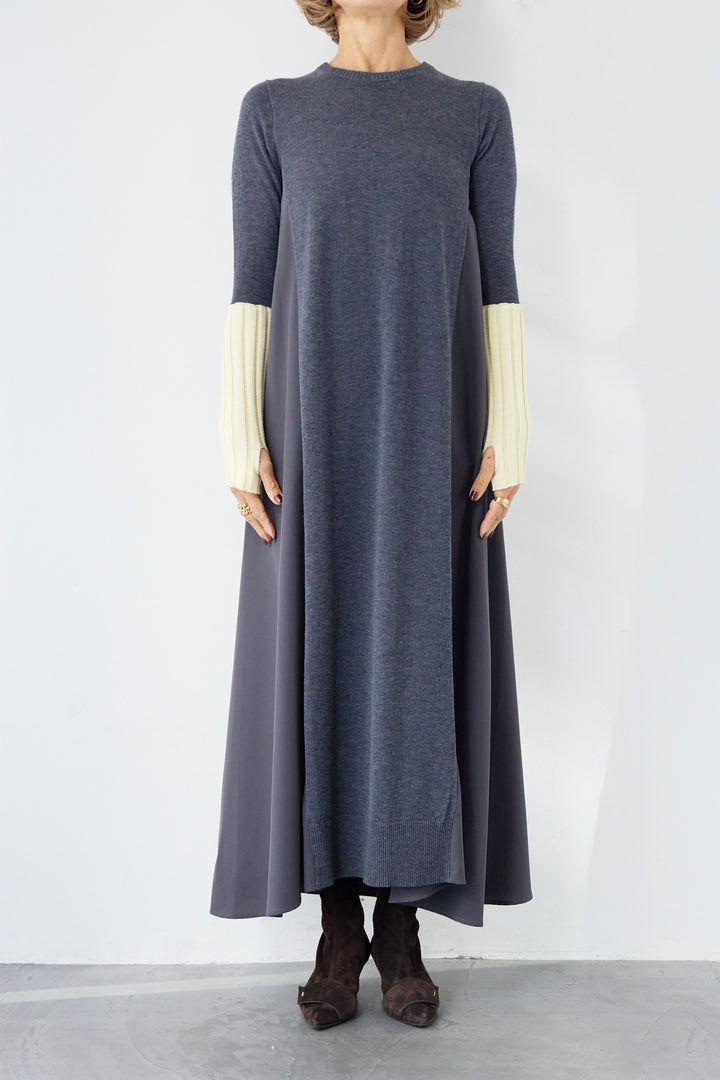 バイカラーリブスリーブ 異素材ドッキングワンピース