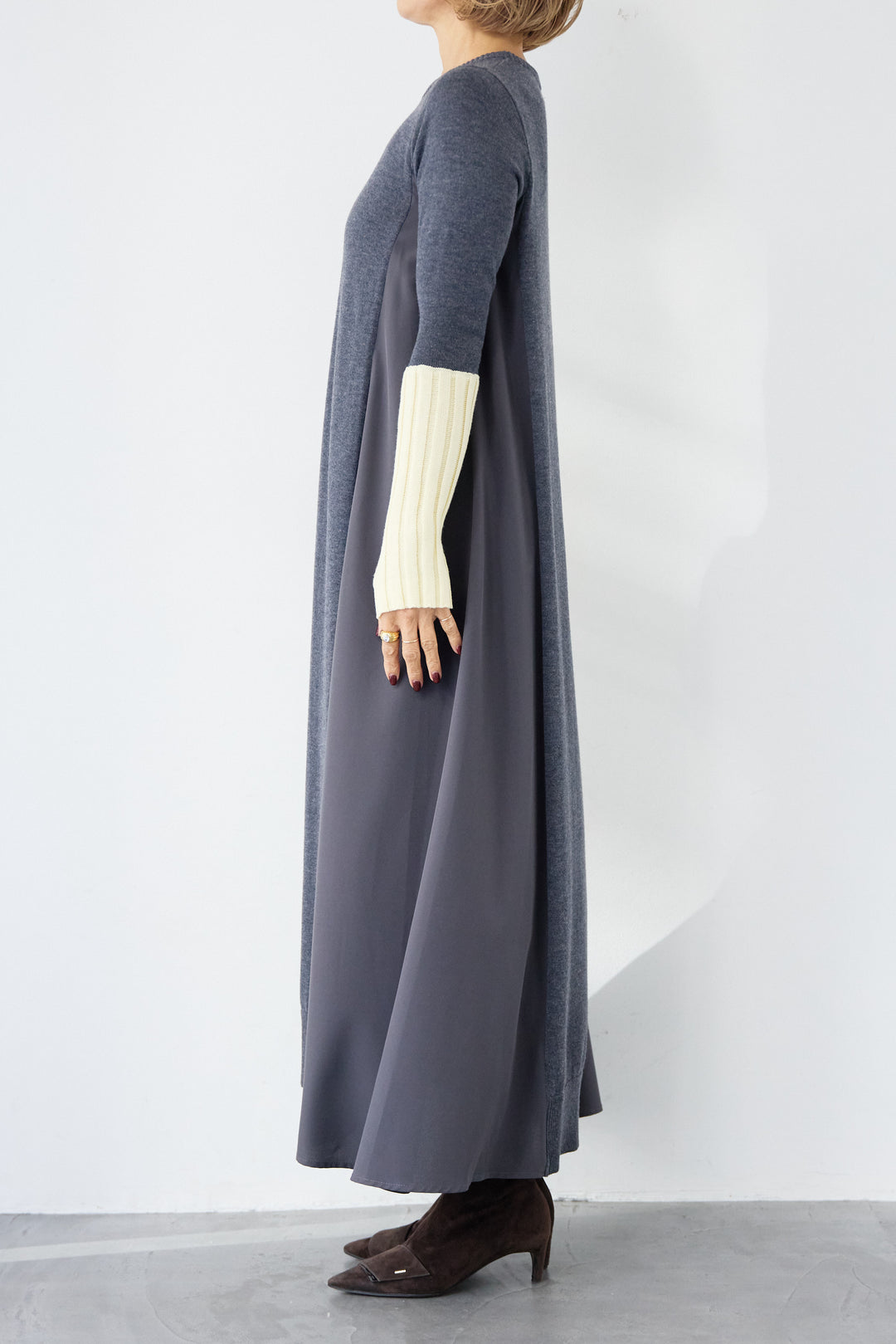 バイカラーリブスリーブ 異素材ドッキングワンピース