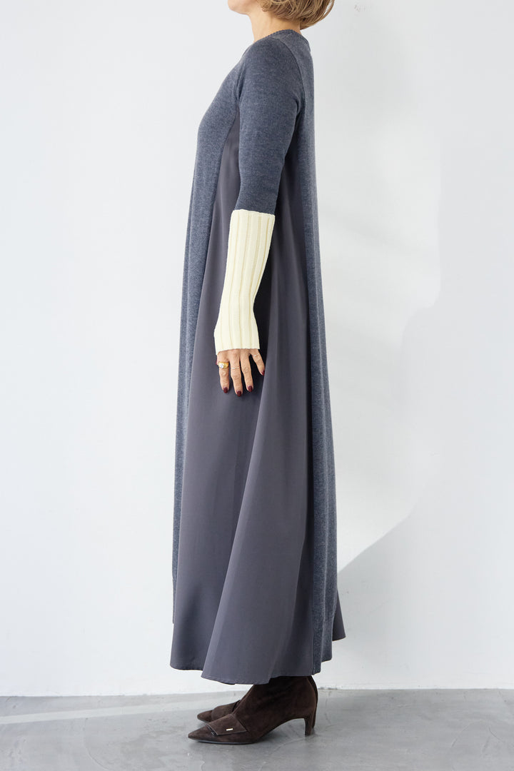 バイカラーリブスリーブ 異素材ドッキングワンピース