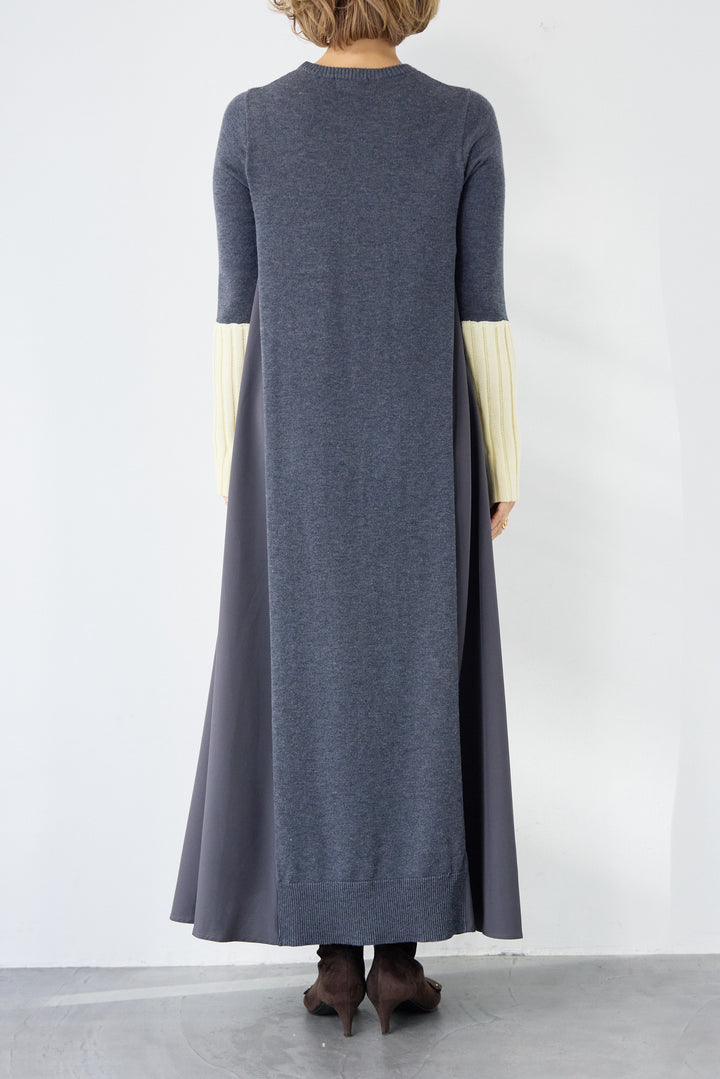 バイカラーリブスリーブ 異素材ドッキングワンピース