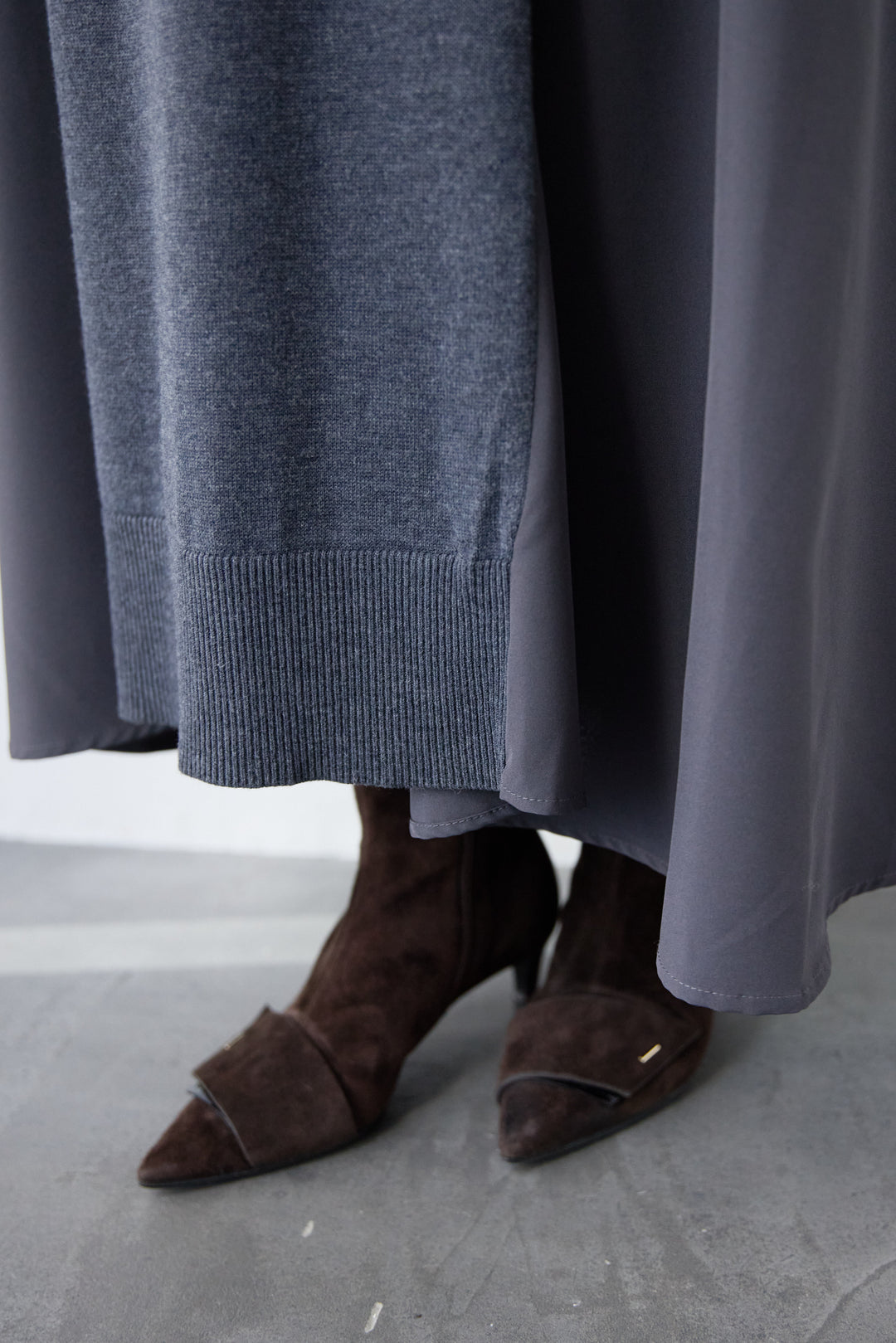 バイカラーリブスリーブ 異素材ドッキングワンピース