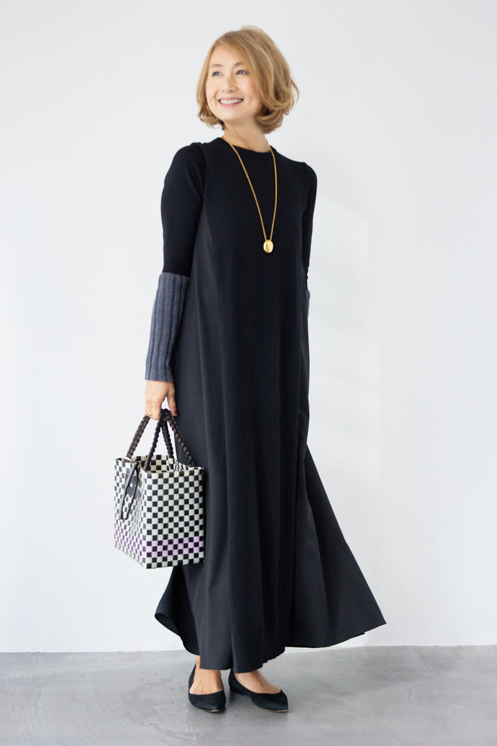 バイカラーリブスリーブ 異素材ドッキングワンピース