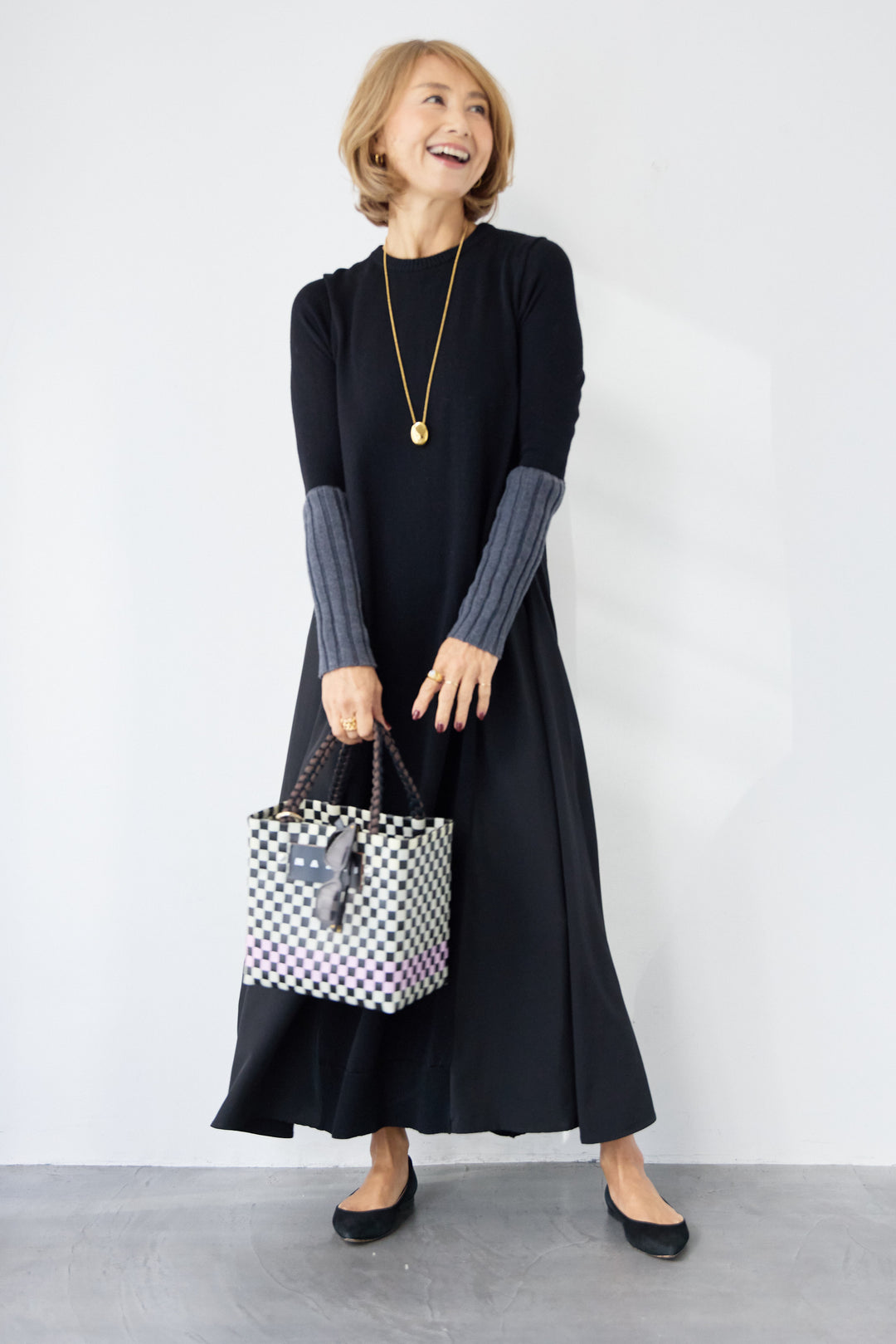 バイカラーリブスリーブ 異素材ドッキングワンピース