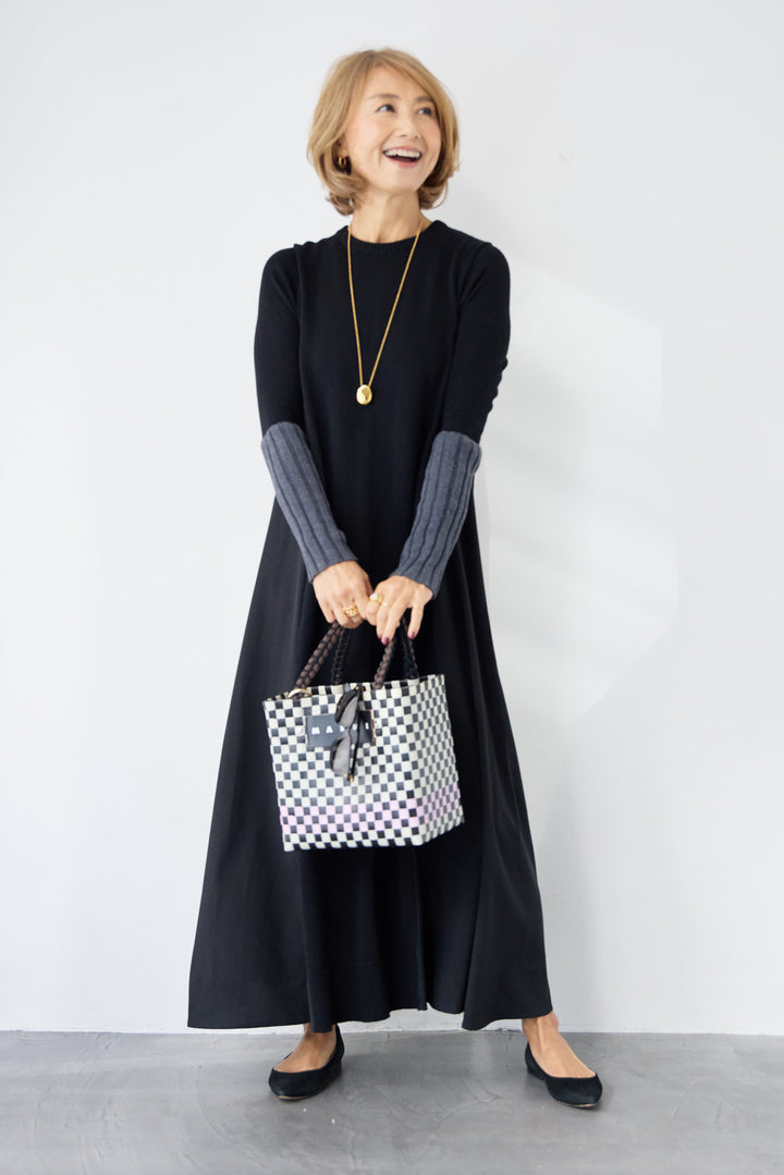 バイカラーリブスリーブ 異素材ドッキングワンピース