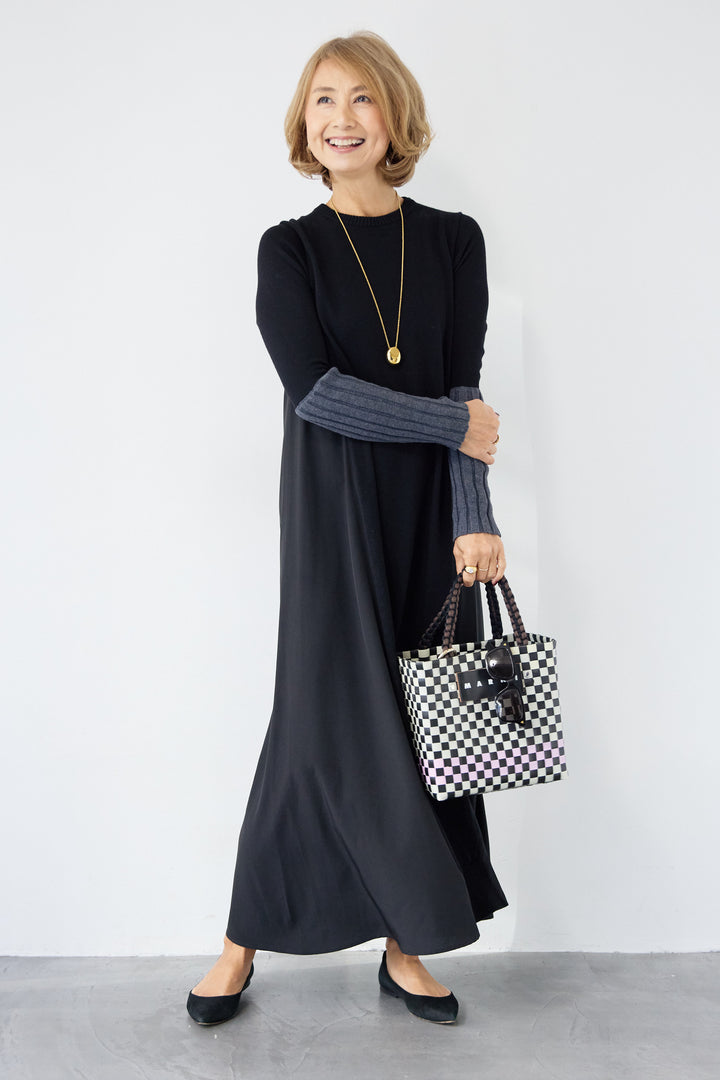 バイカラーリブスリーブ 異素材ドッキングワンピース