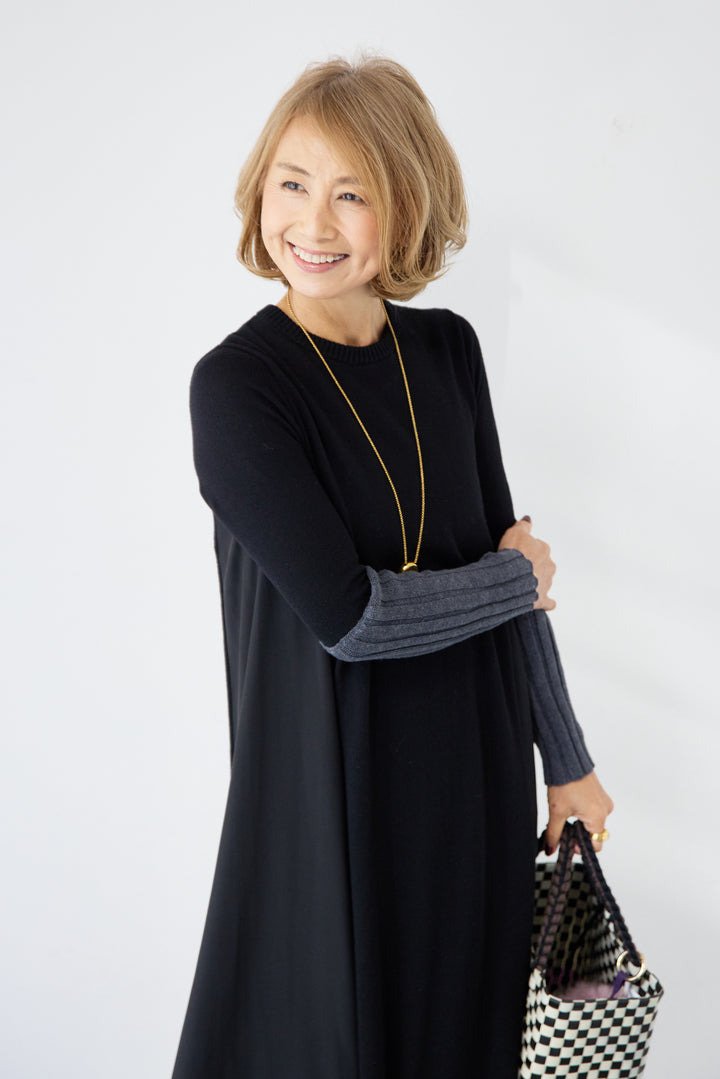 バイカラーリブスリーブ 異素材ドッキングワンピース