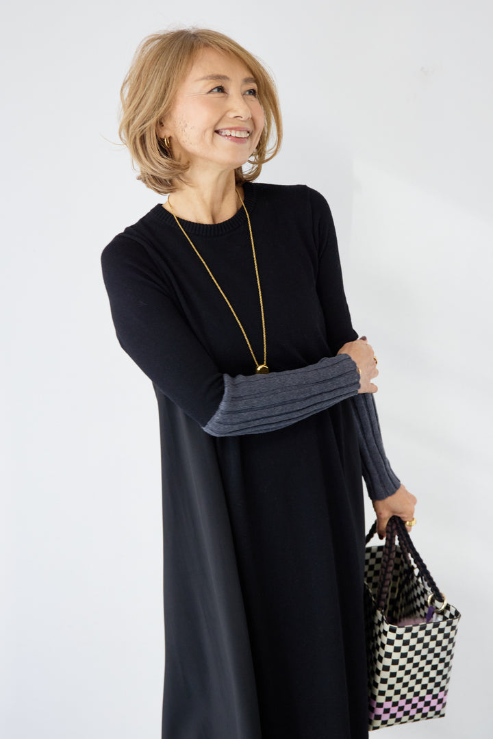 バイカラーリブスリーブ 異素材ドッキングワンピース