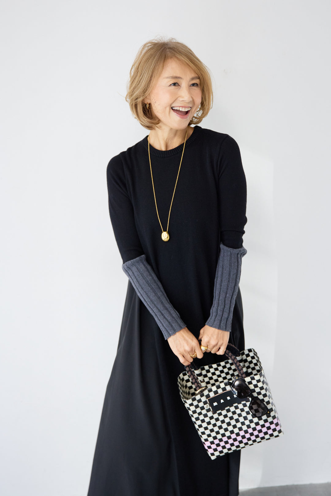 バイカラーリブスリーブ 異素材ドッキングワンピース