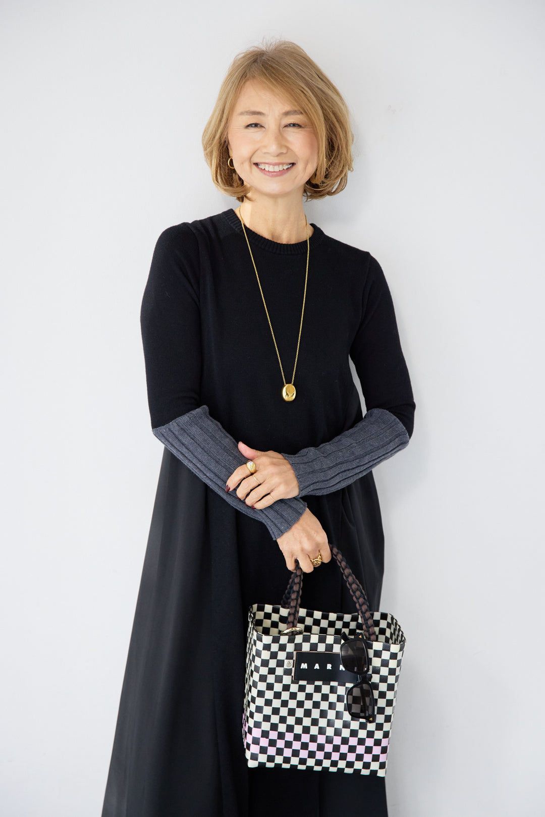 バイカラーリブスリーブ 異素材ドッキングワンピース