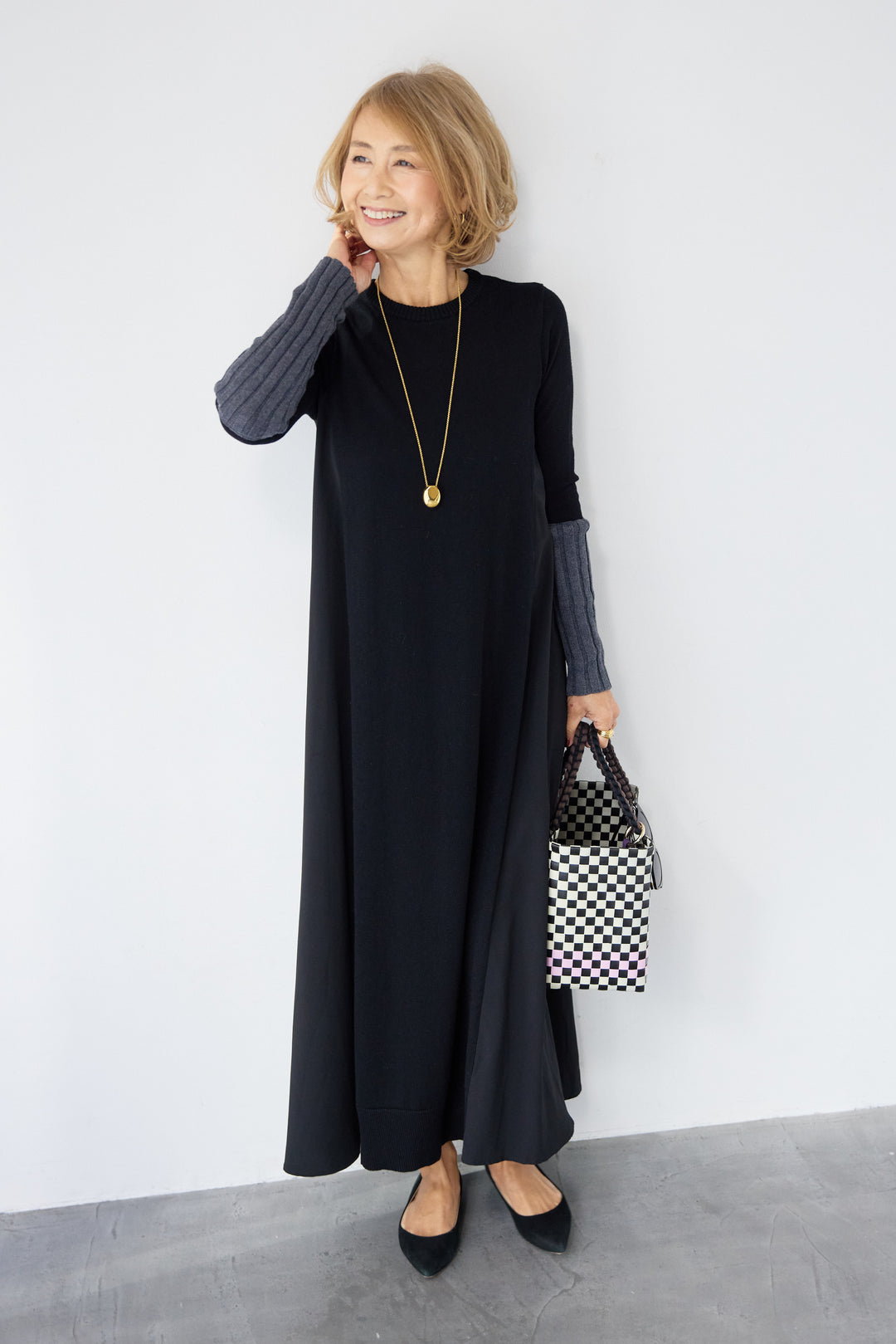 バイカラーリブスリーブ 異素材ドッキングワンピース