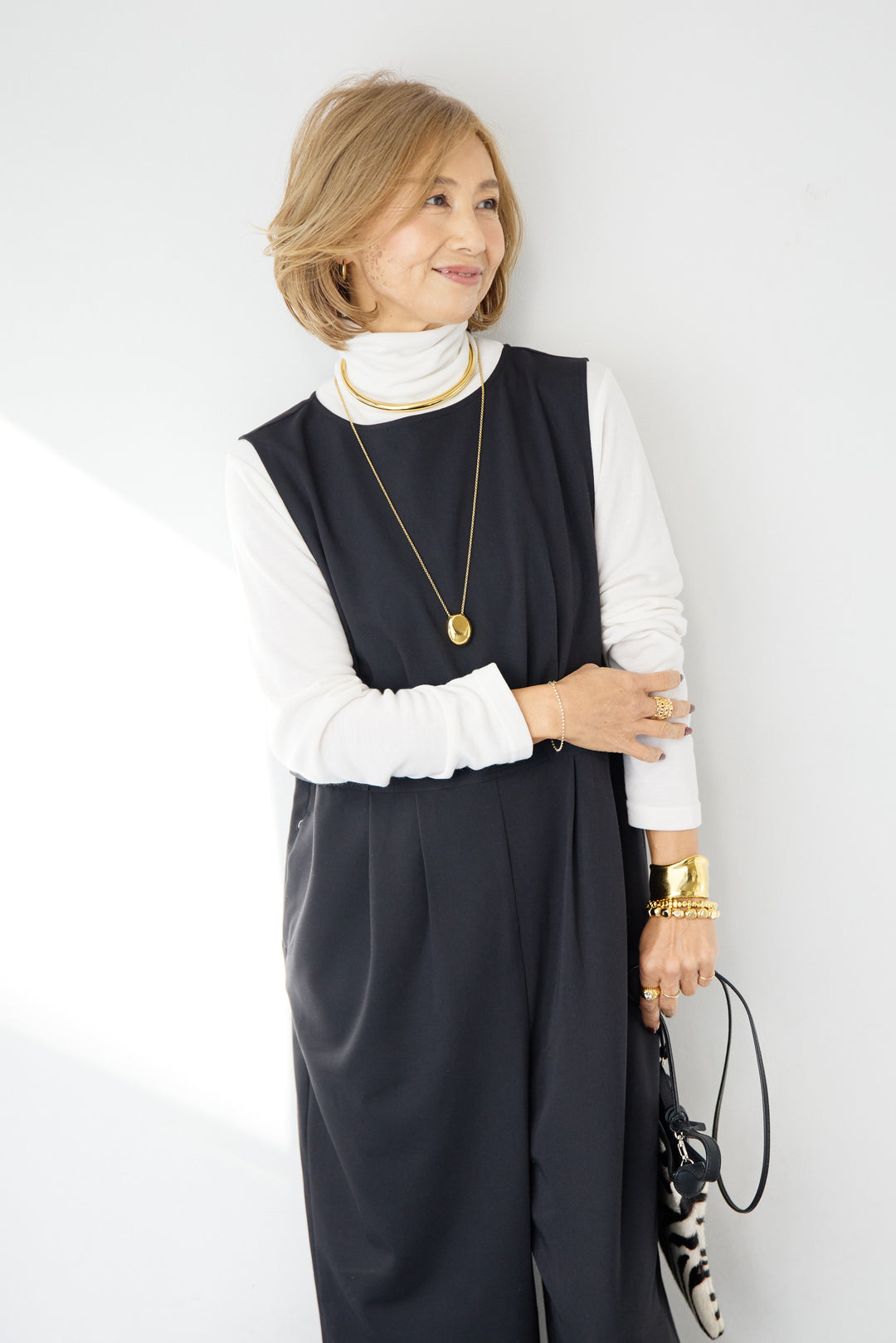 [SET]ウエストタブ・フロントタックサロペット+ふんわり裏起毛タートルネック(2set)