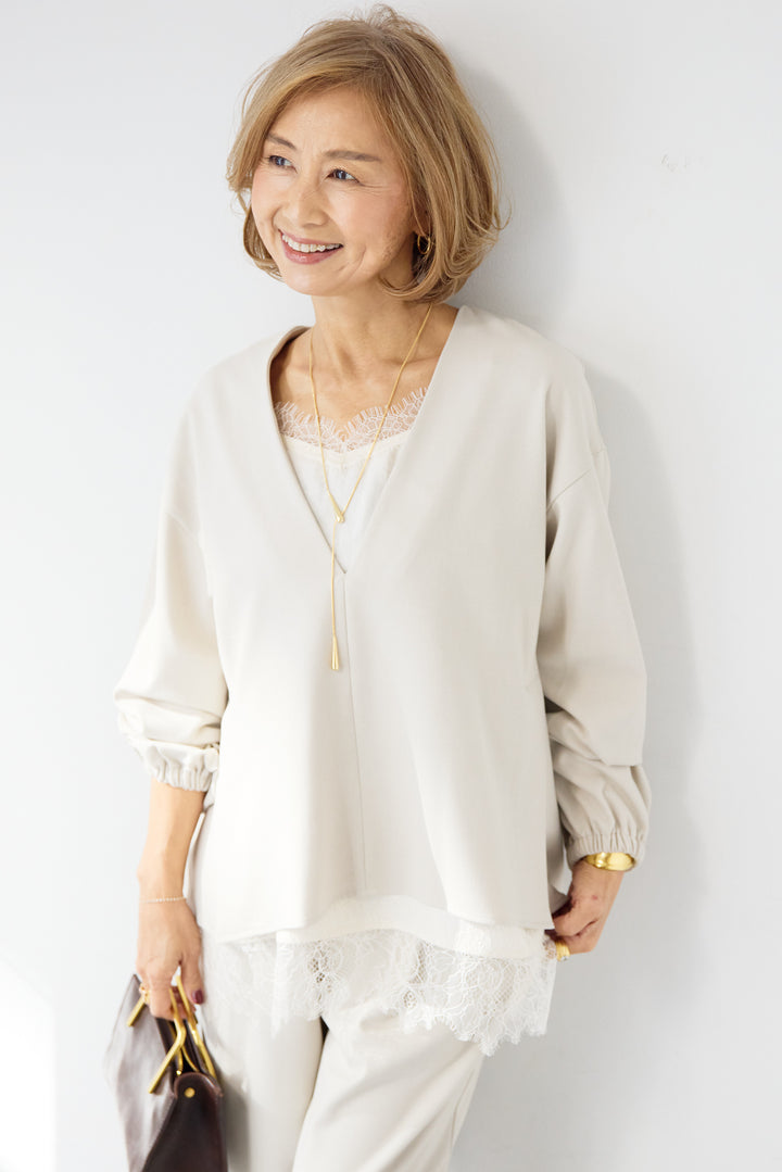 深Vネック・ボリュームスリーブプルオーバー