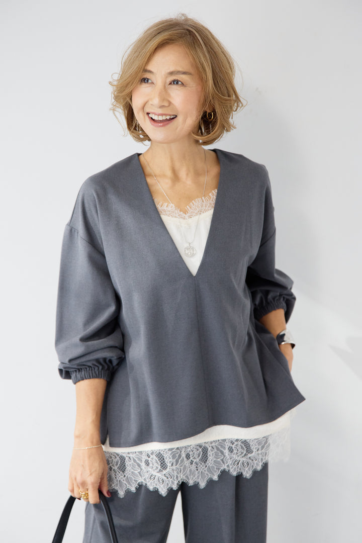 深Vネック・ボリュームスリーブプルオーバー