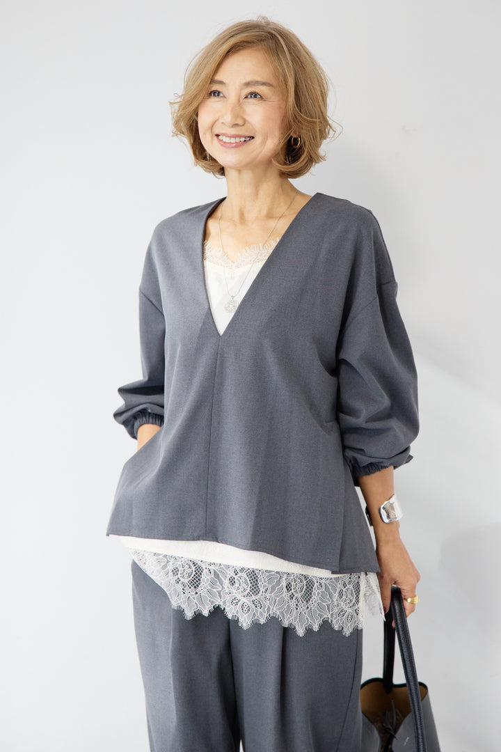 深Vネック・ボリュームスリーブプルオーバー