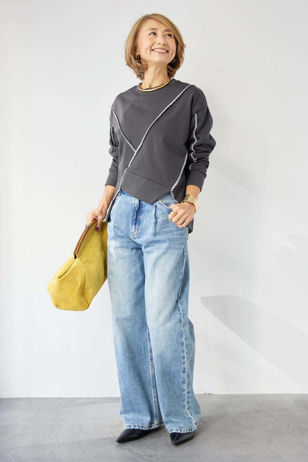 [SET]アウトシーム・配色ステッチプルオーバー+ウォッシャブルコクーンデニムパンツ(2set)