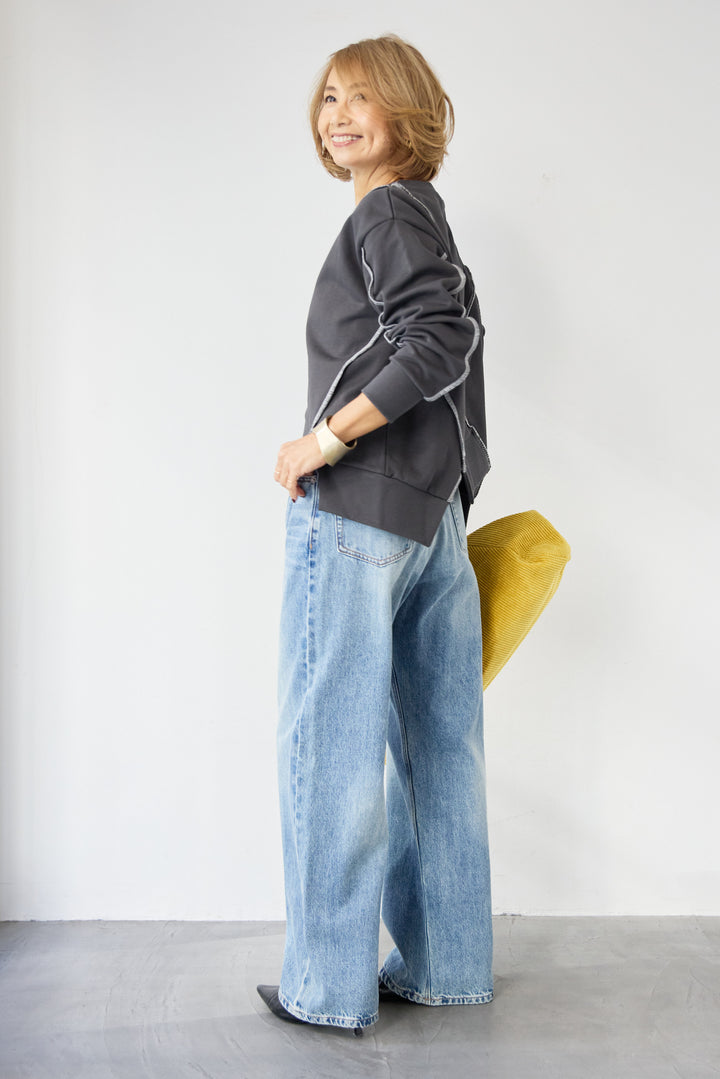 [SET]アウトシーム・配色ステッチプルオーバー+ウォッシャブルコクーンデニムパンツ(2set)