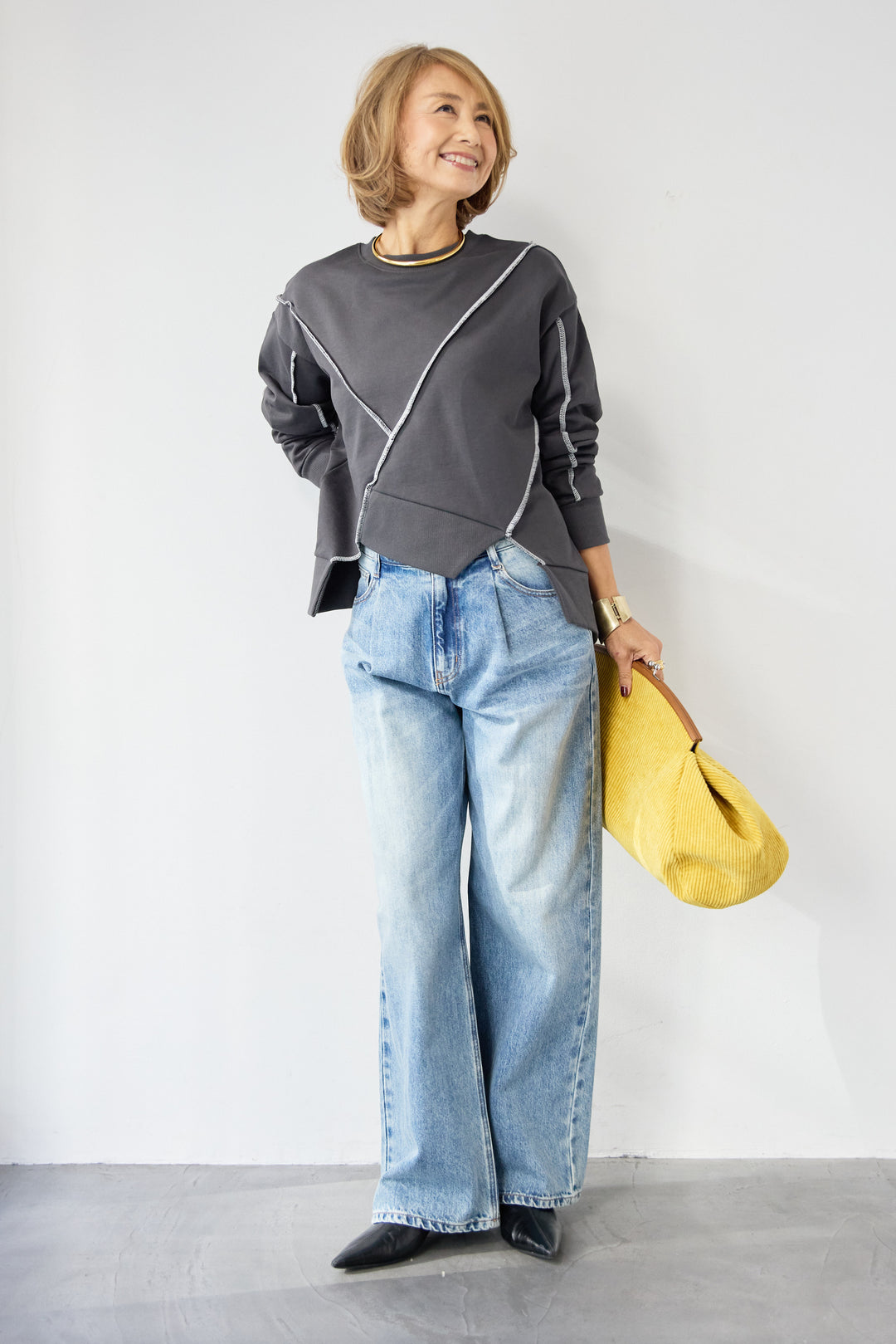 [SET]アウトシーム・配色ステッチプルオーバー+ウォッシャブルコクーンデニムパンツ(2set)