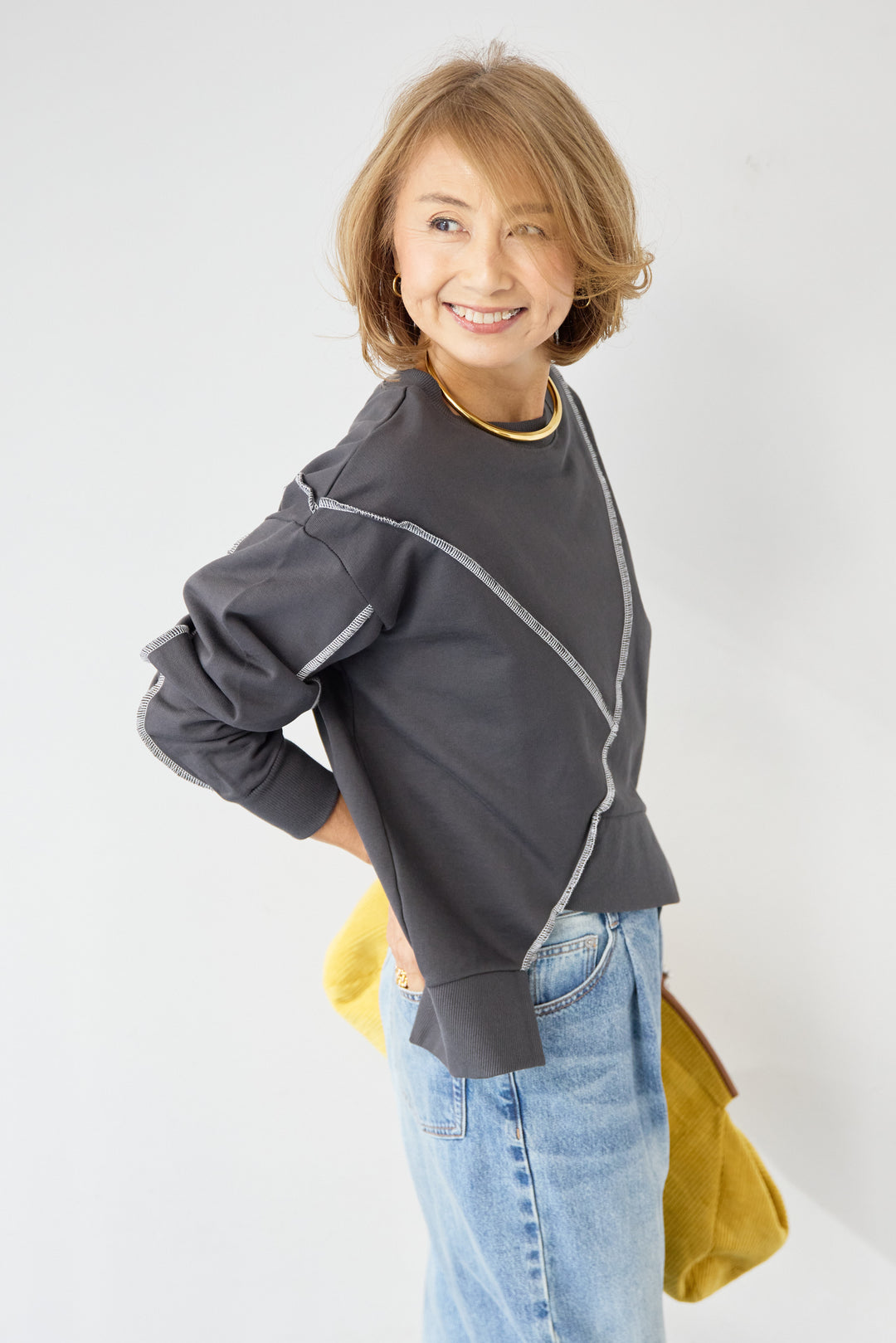 [SET]アウトシーム・配色ステッチプルオーバー+ウォッシャブルコクーンデニムパンツ(2set)