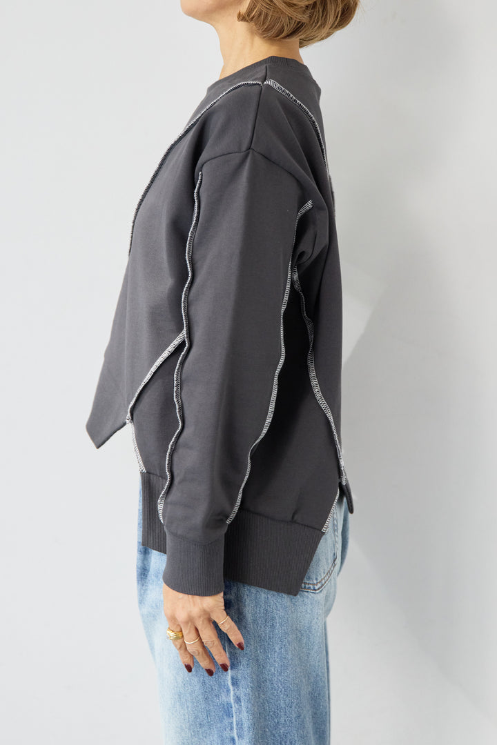 [SET]アウトシーム・配色ステッチプルオーバー+ウォッシャブルコクーンデニムパンツ(2set)