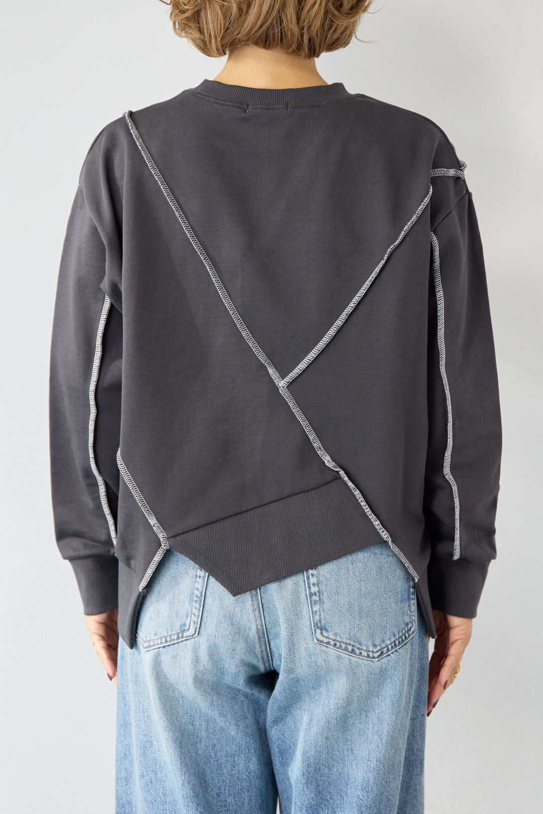 [SET]アウトシーム・配色ステッチプルオーバー+ウォッシャブルコクーンデニムパンツ(2set)