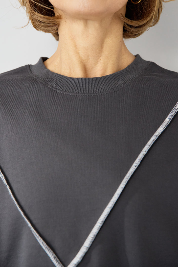 [SET]アウトシーム・配色ステッチプルオーバー+ウォッシャブルコクーンデニムパンツ(2set)