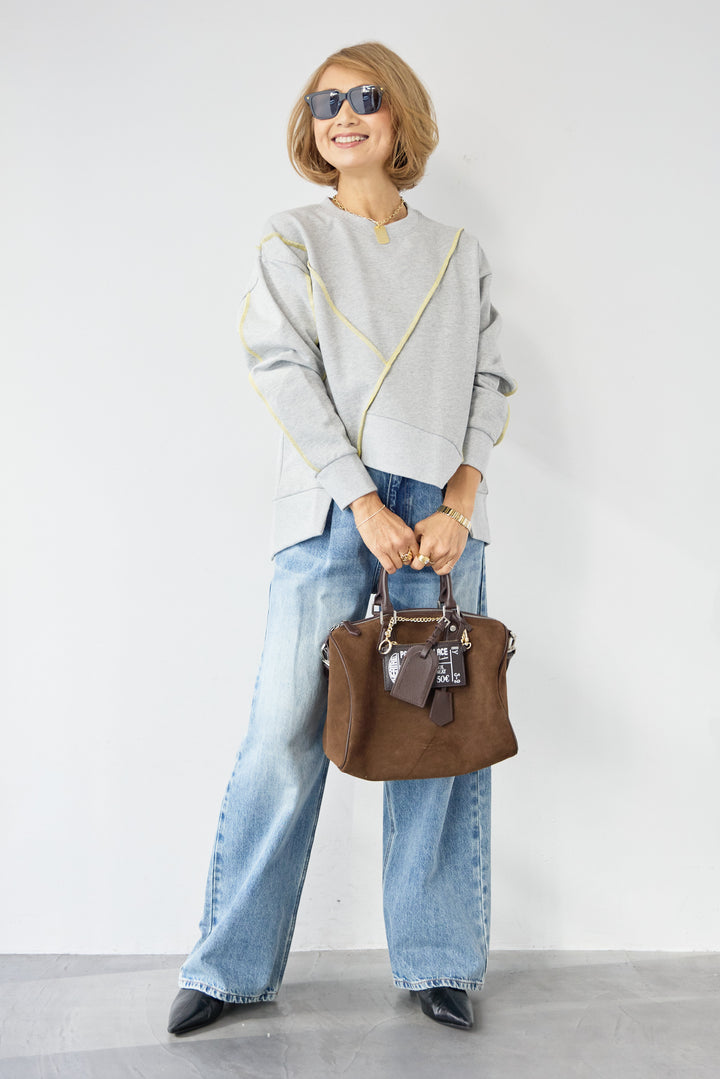 [SET]アウトシーム・配色ステッチプルオーバー+ウォッシャブルコクーンデニムパンツ(2set)