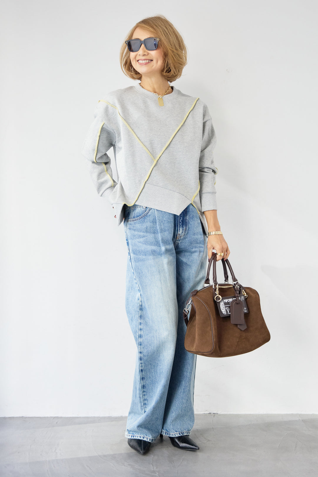 [SET]アウトシーム・配色ステッチプルオーバー+ウォッシャブルコクーンデニムパンツ(2set)