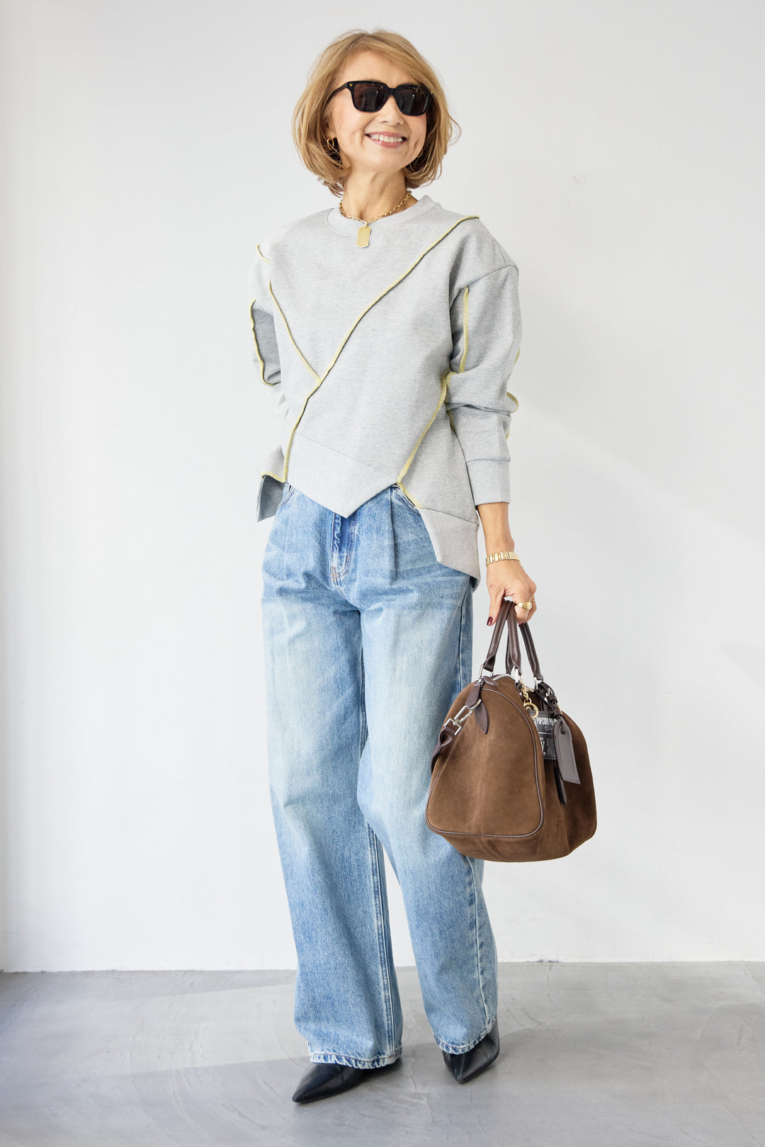 [SET]アウトシーム・配色ステッチプルオーバー+ウォッシャブルコクーンデニムパンツ(2set)