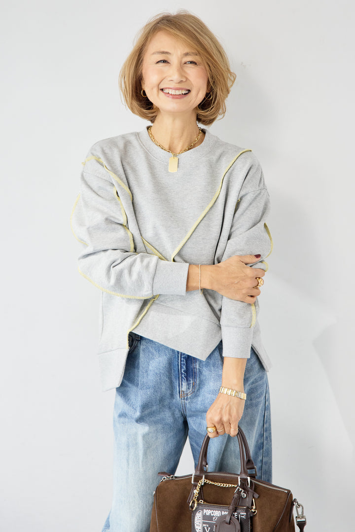 [SET]アウトシーム・配色ステッチプルオーバー+ウォッシャブルコクーンデニムパンツ(2set)