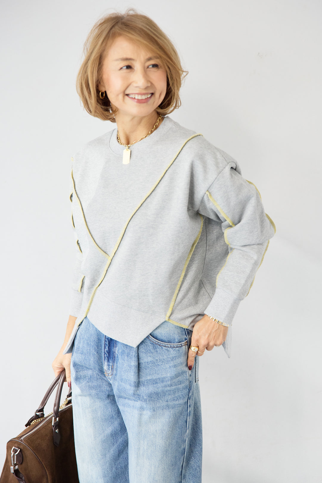 [SET]アウトシーム・配色ステッチプルオーバー+ウォッシャブルコクーンデニムパンツ(2set)