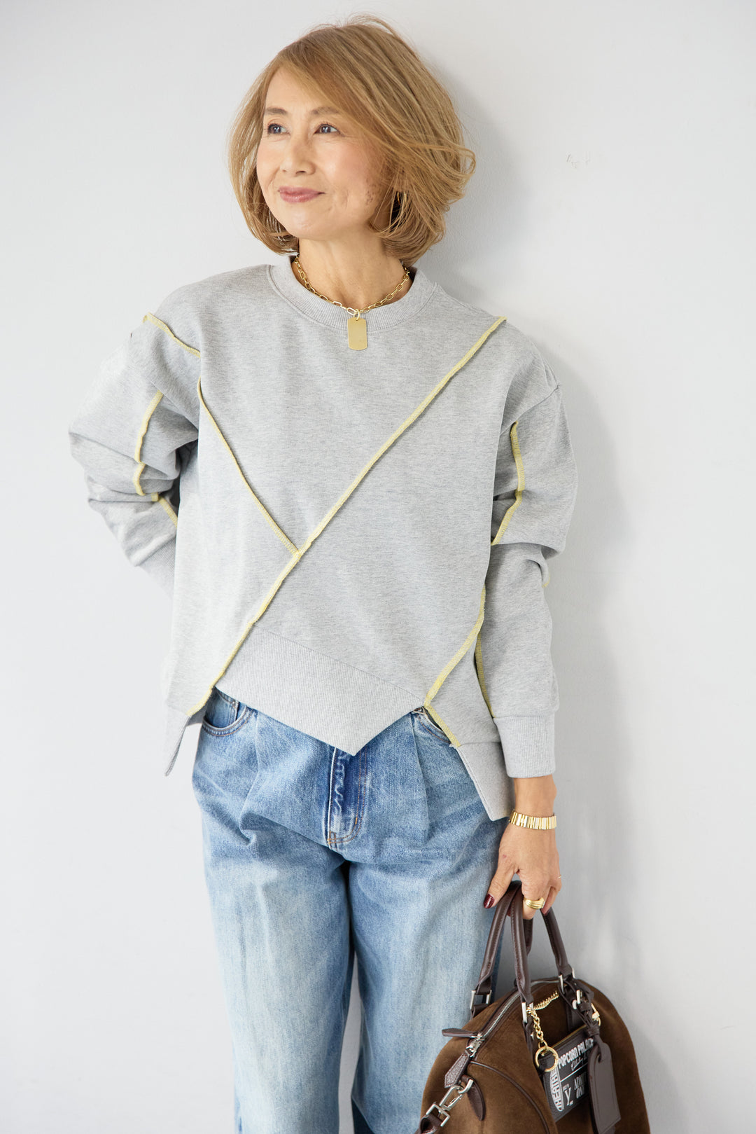 [SET]アウトシーム・配色ステッチプルオーバー+ウォッシャブルコクーンデニムパンツ(2set)