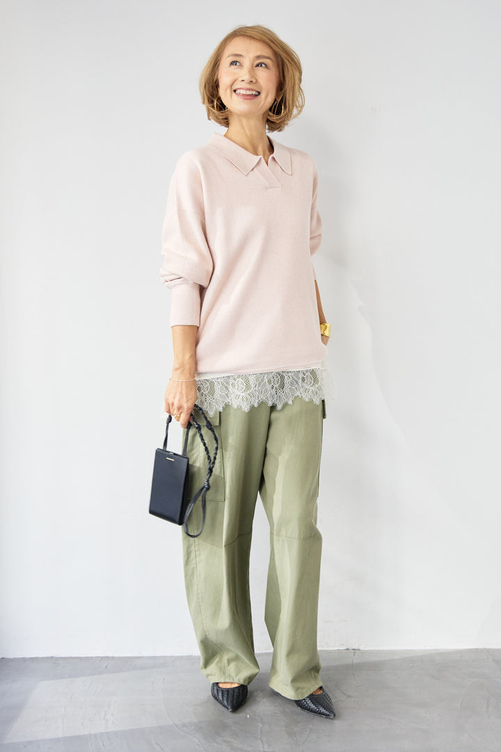 [SET]シャイニーラメ・スキッパーポロニット+シルキーエリュール レーストップス(2set)