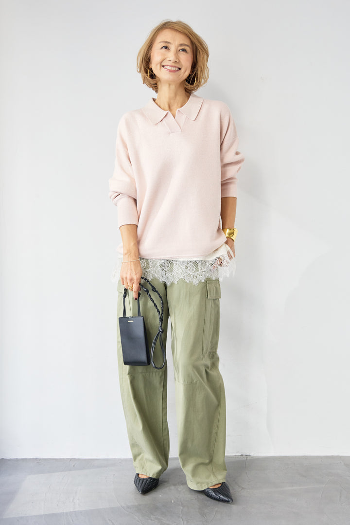 [SET]シャイニーラメ・スキッパーポロニット+シルキーエリュール レーストップス(2set)