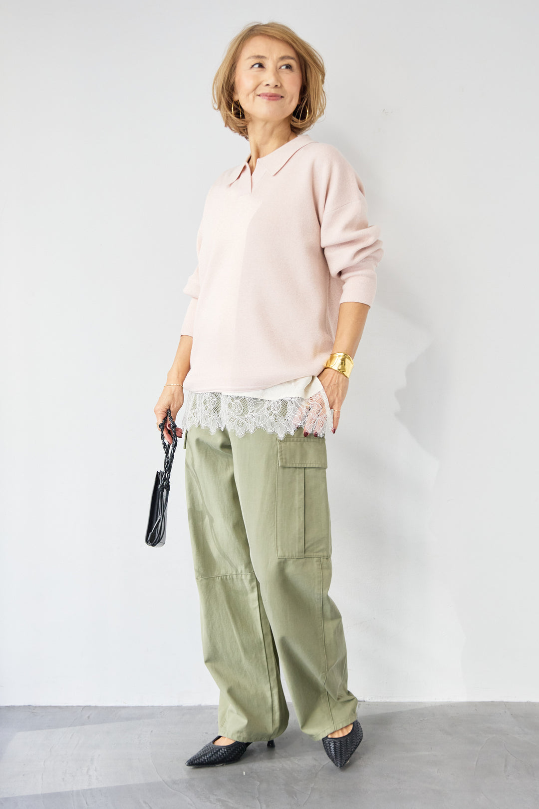 [SET]シャイニーラメ・スキッパーポロニット+シルキーエリュール レーストップス(2set)