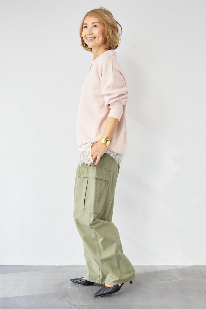 [SET]シャイニーラメ・スキッパーポロニット+シルキーエリュール レーストップス(2set)