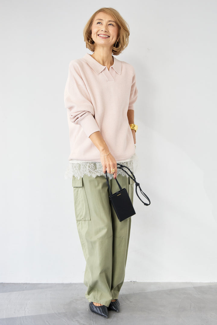 [SET]シャイニーラメ・スキッパーポロニット+シルキーエリュール レーストップス(2set)