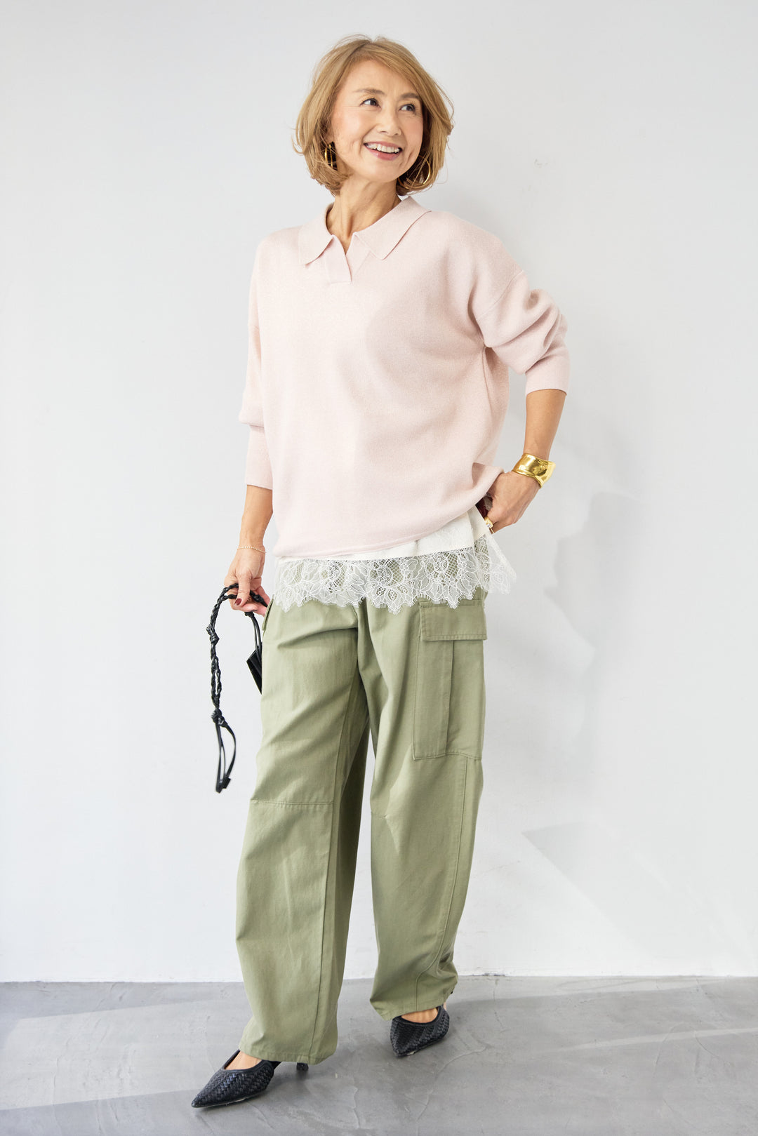 [SET]シャイニーラメ・スキッパーポロニット+シルキーエリュール レーストップス(2set)