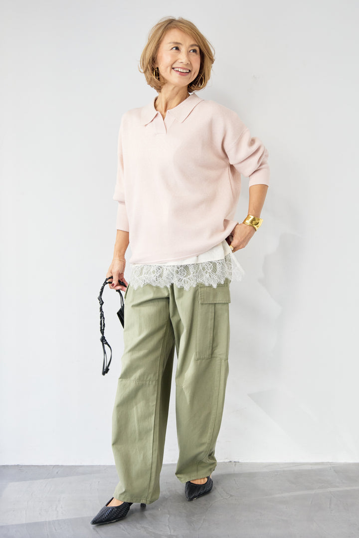 [SET]シャイニーラメ・スキッパーポロニット+シルキーエリュール レーストップス(2set)