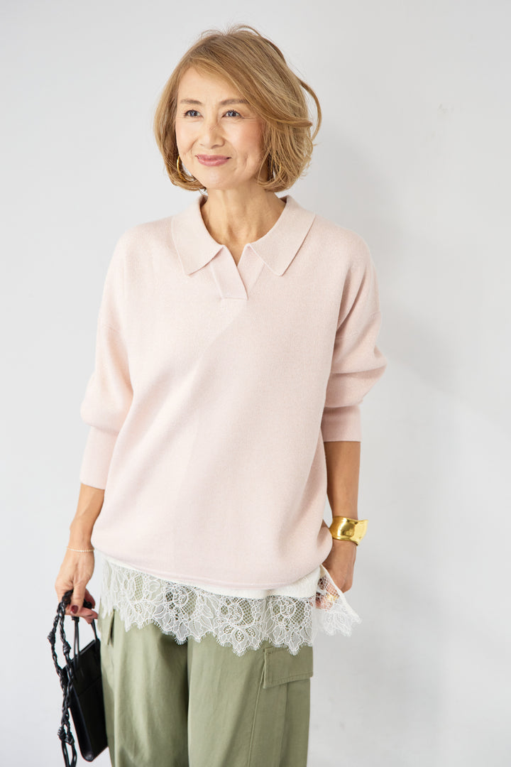 [SET]シャイニーラメ・スキッパーポロニット+シルキーエリュール レーストップス(2set)