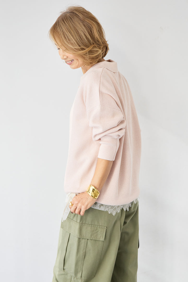 [SET]シャイニーラメ・スキッパーポロニット+シルキーエリュール レーストップス(2set)