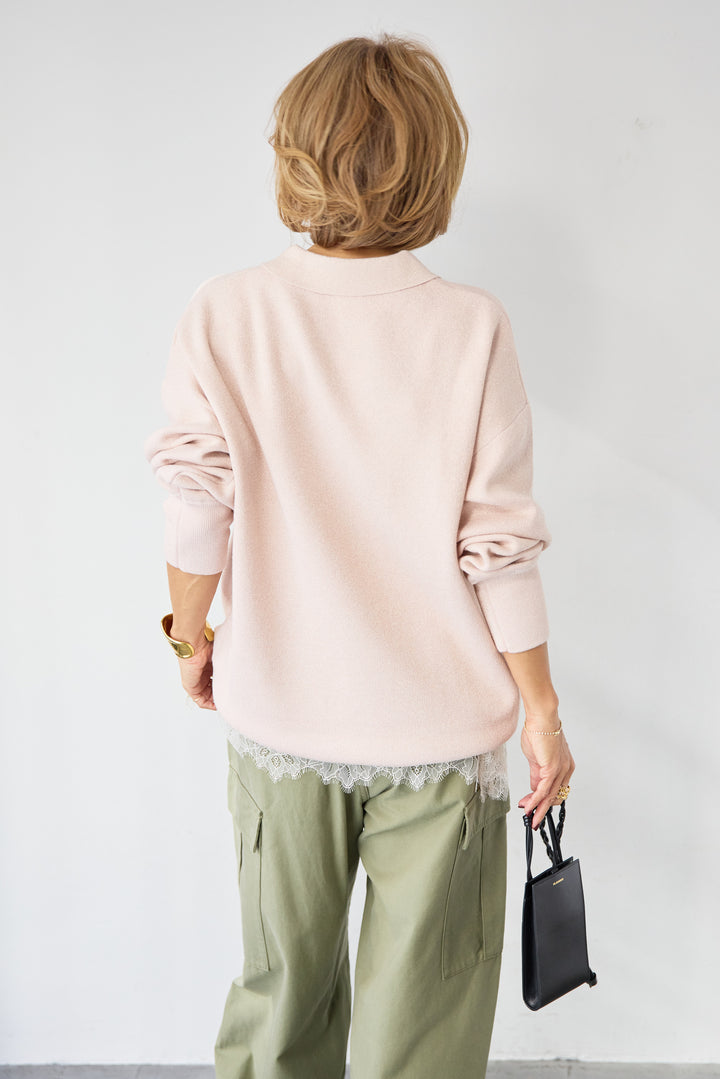 [SET]シャイニーラメ・スキッパーポロニット+シルキーエリュール レーストップス(2set)